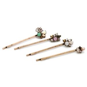 Set of 4 Green Pink White Rhinestones Bronze Hair Clips